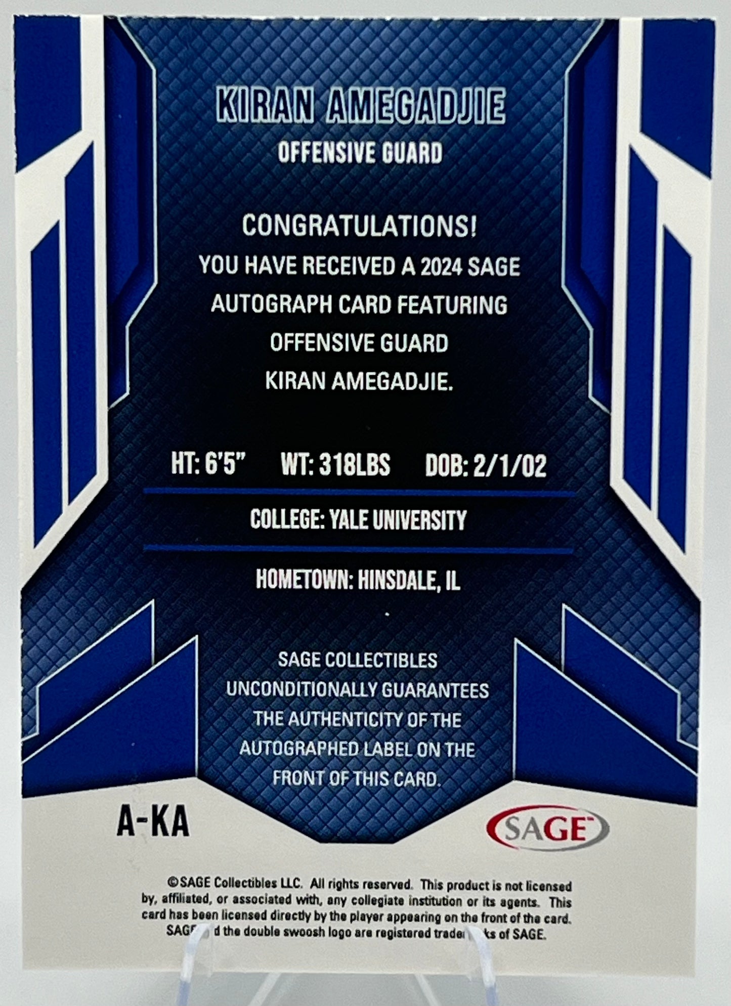 2024 Sage Kiran Amegadjie Auto Football Card #A-KA