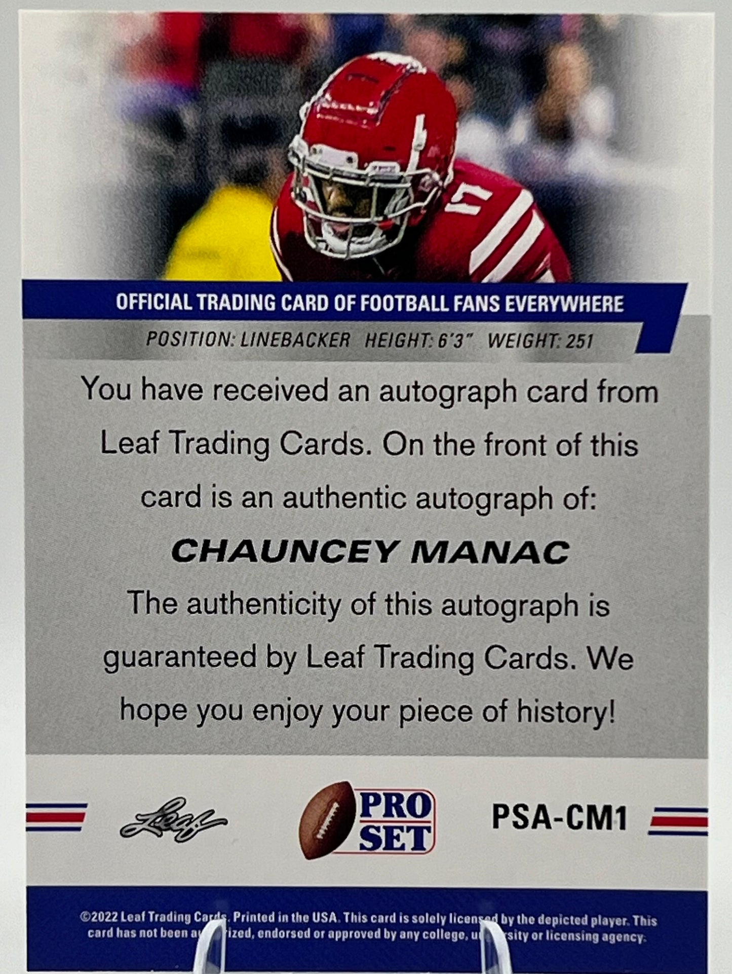 2022 Leaf Pro Set Chauncey Manac Rookie Auto Football Card