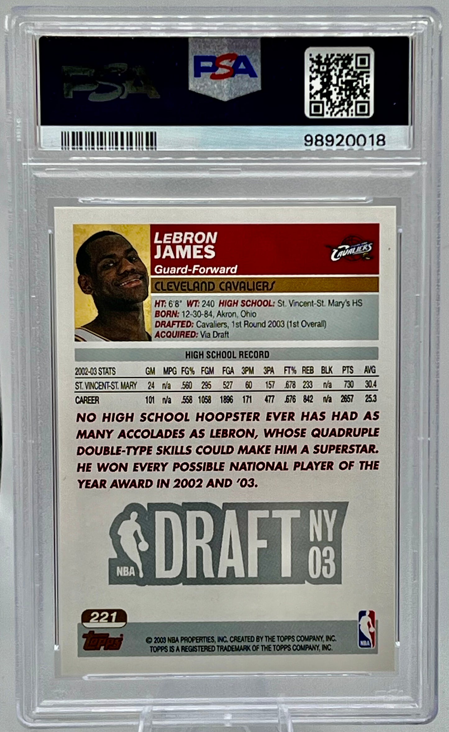 2003-04 Topps Lebron James Draft Pick #1 Rookie Card No. 221 RC Base PSA 9