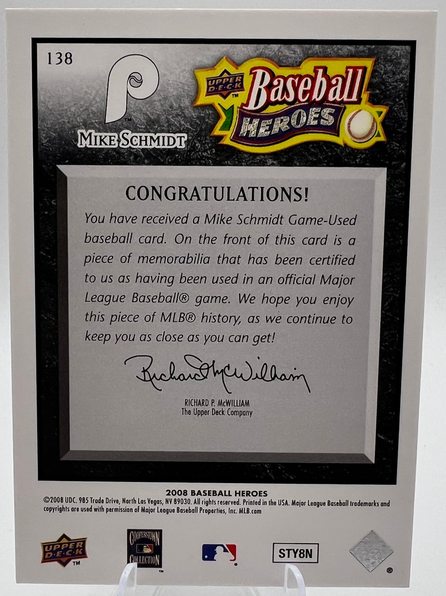 2008 Upper Deck Baseball Heroes Mike Schmidt Game Used Phillies Jersey