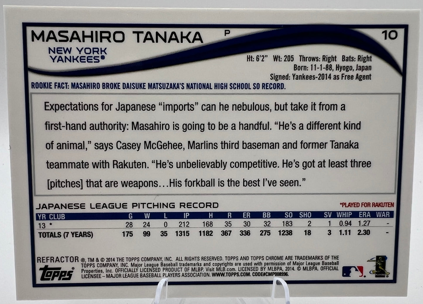 2014 Topps Chrome Orange Refractor Masahiro Tanaka RC