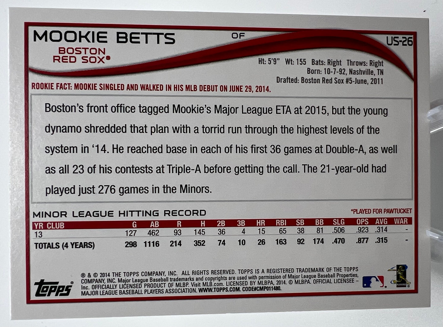 2014 Topps Update Mookie Betts Rookie Baseball Card #US-26