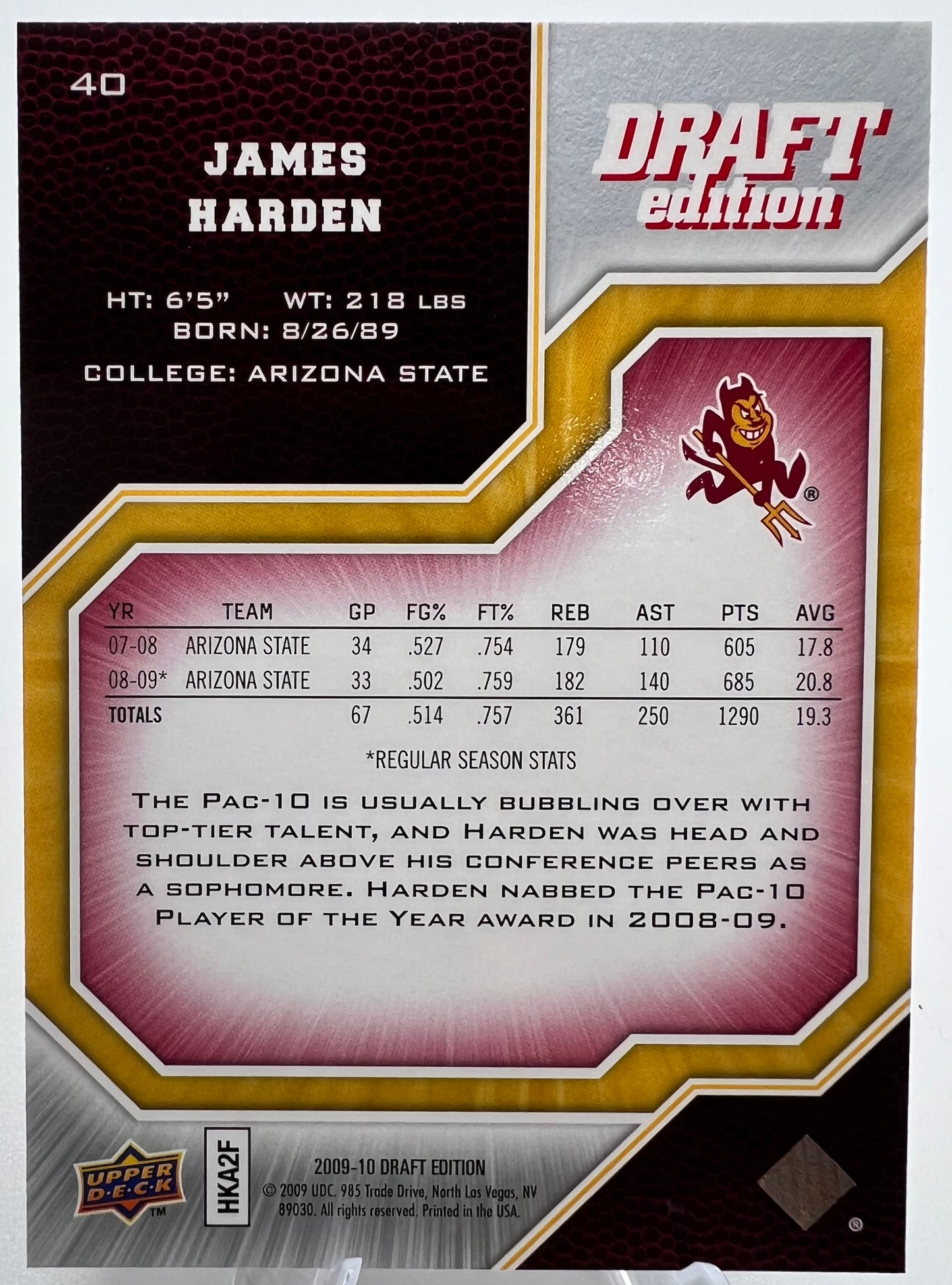 2009-10 Upper Deck Draft Edition James Harden RC #40