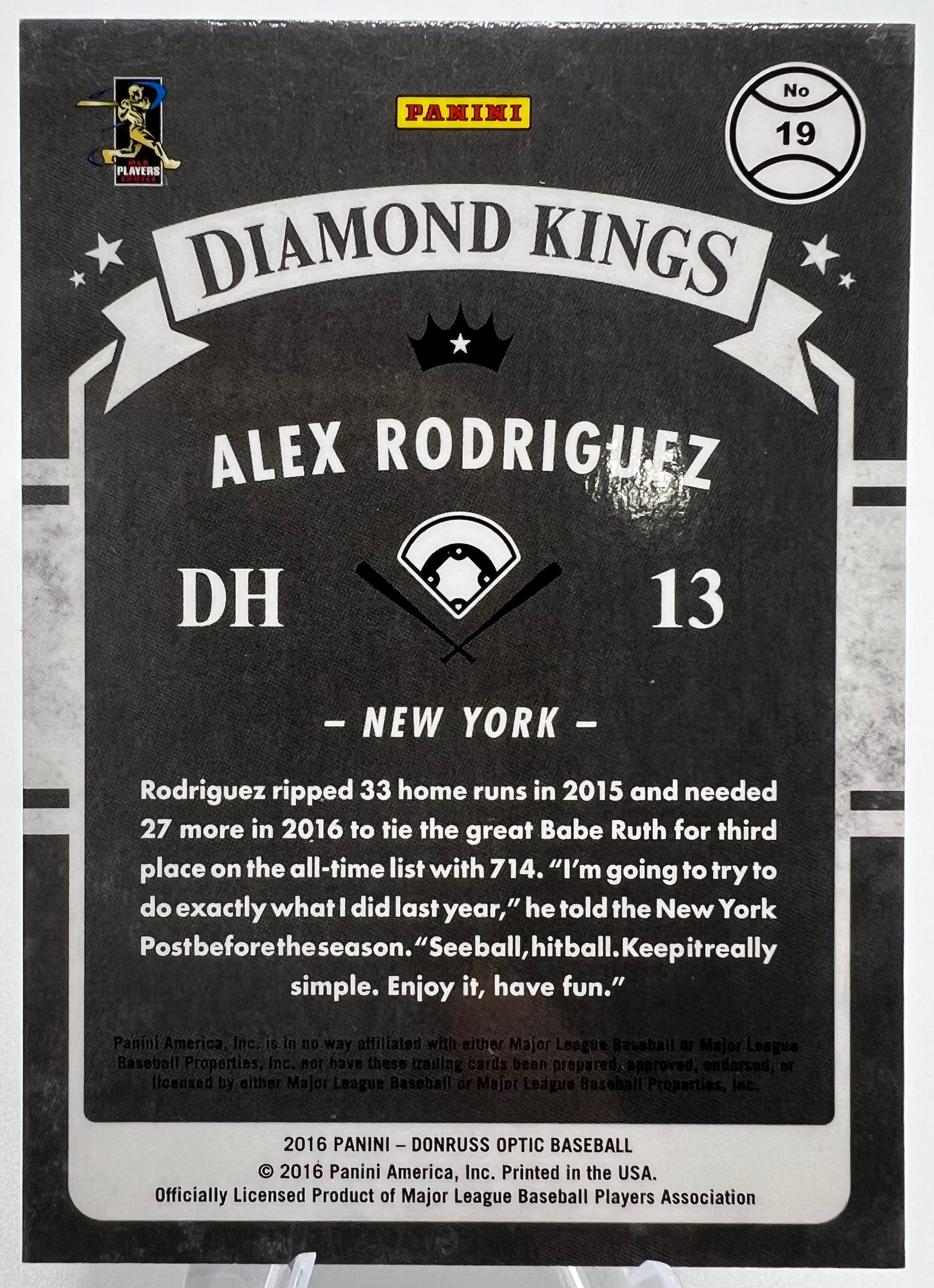 2016 Donruss Optic Diamond Kings #19 Alex Rodriguez New York Yankees