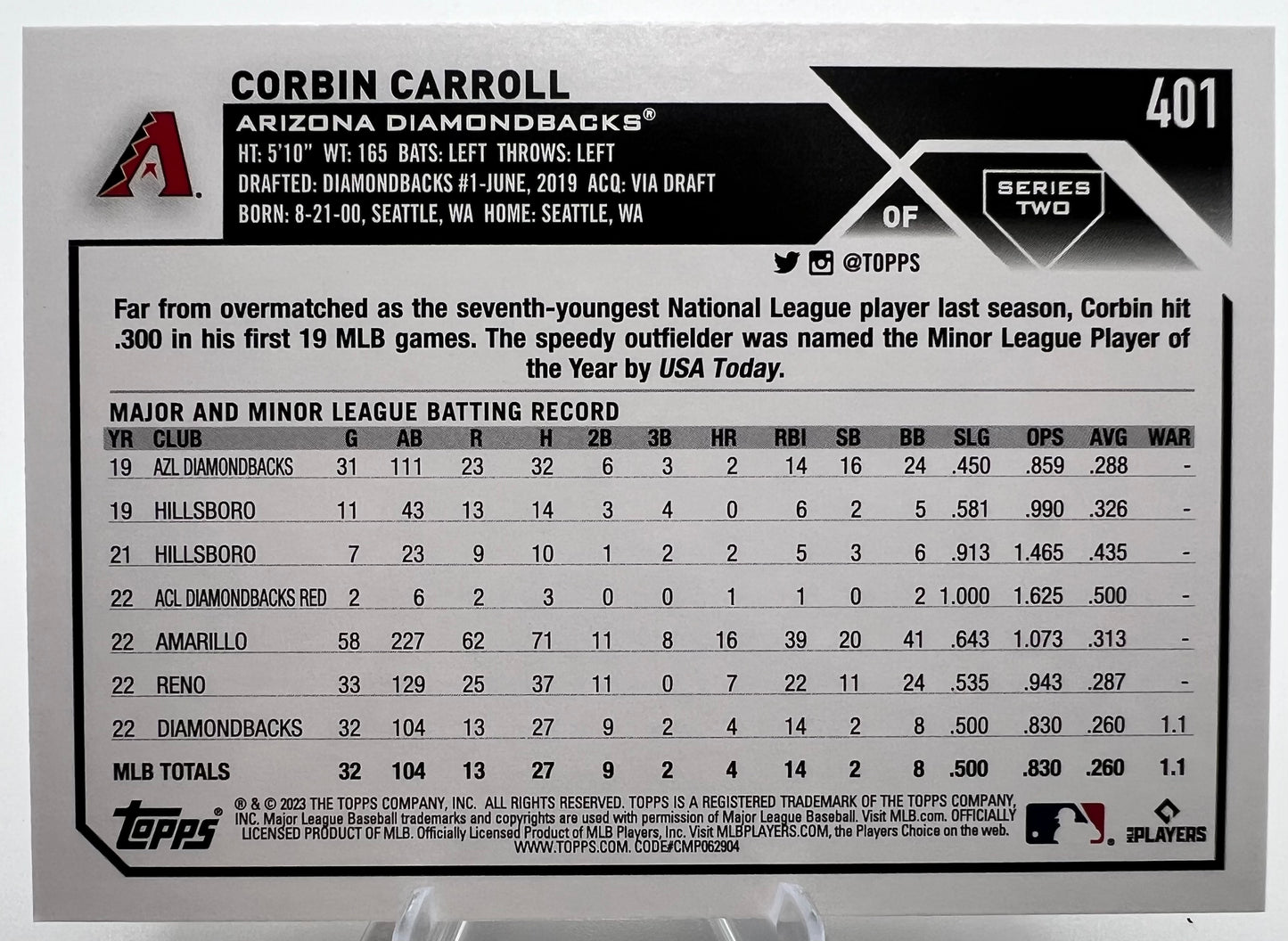 2023 Topps Corbin Carroll RC #401 Arizona Diamondbacks