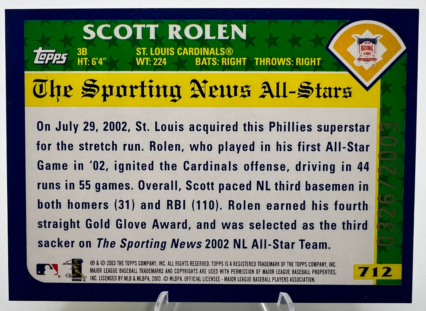 2003 Topps Gold The Sporting News All-Stars Scott Rolen #326/2003