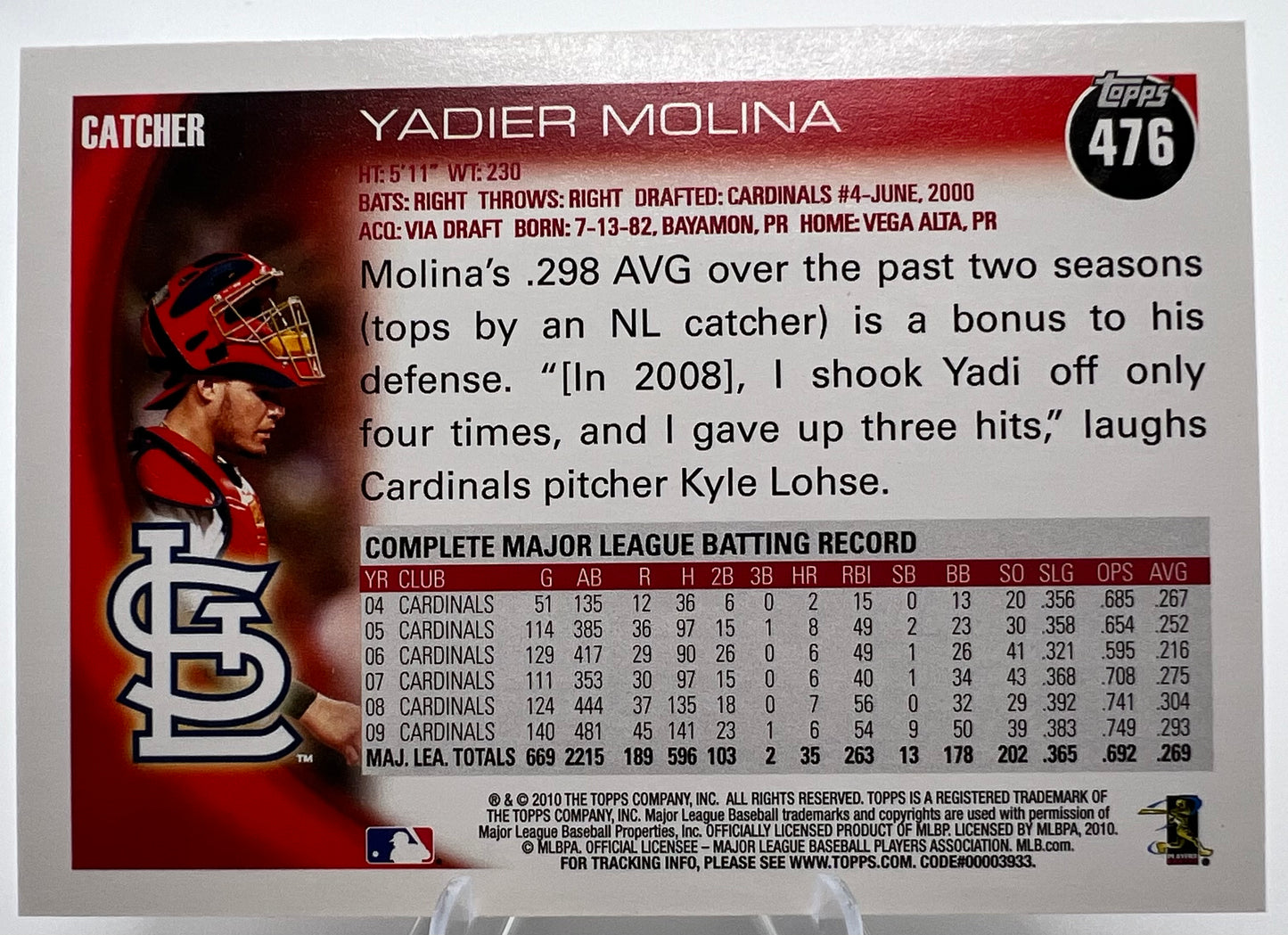 2010 Topps #476 Yadier Molina St Louis Cardinals