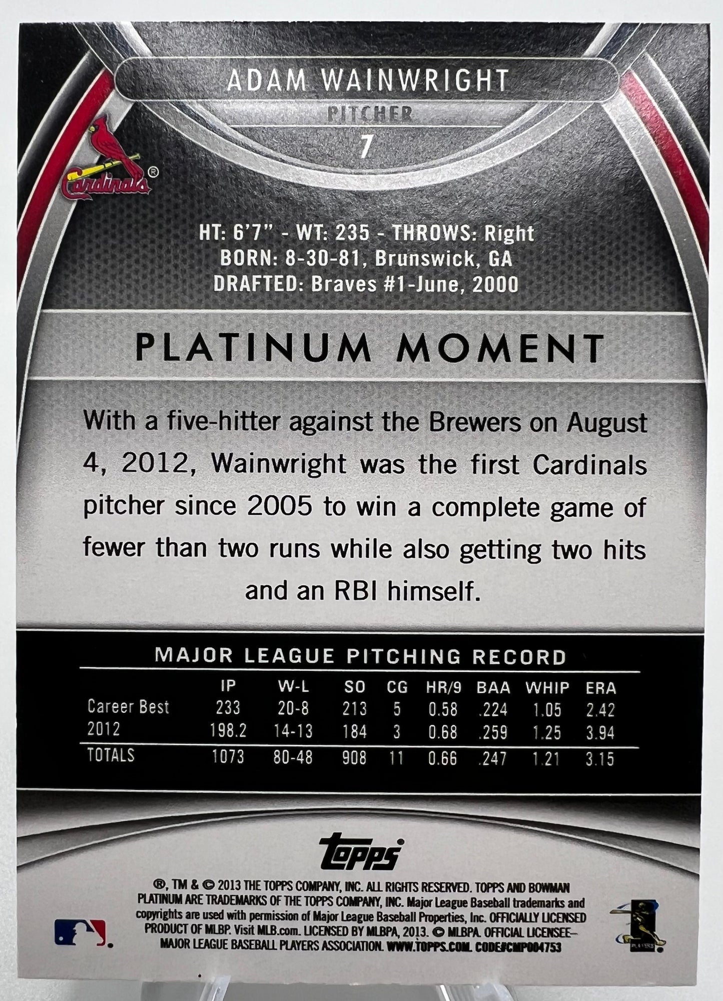 2013 Bowman Platinum #7 Adam Wainwright St. Louis Cardinals Holo