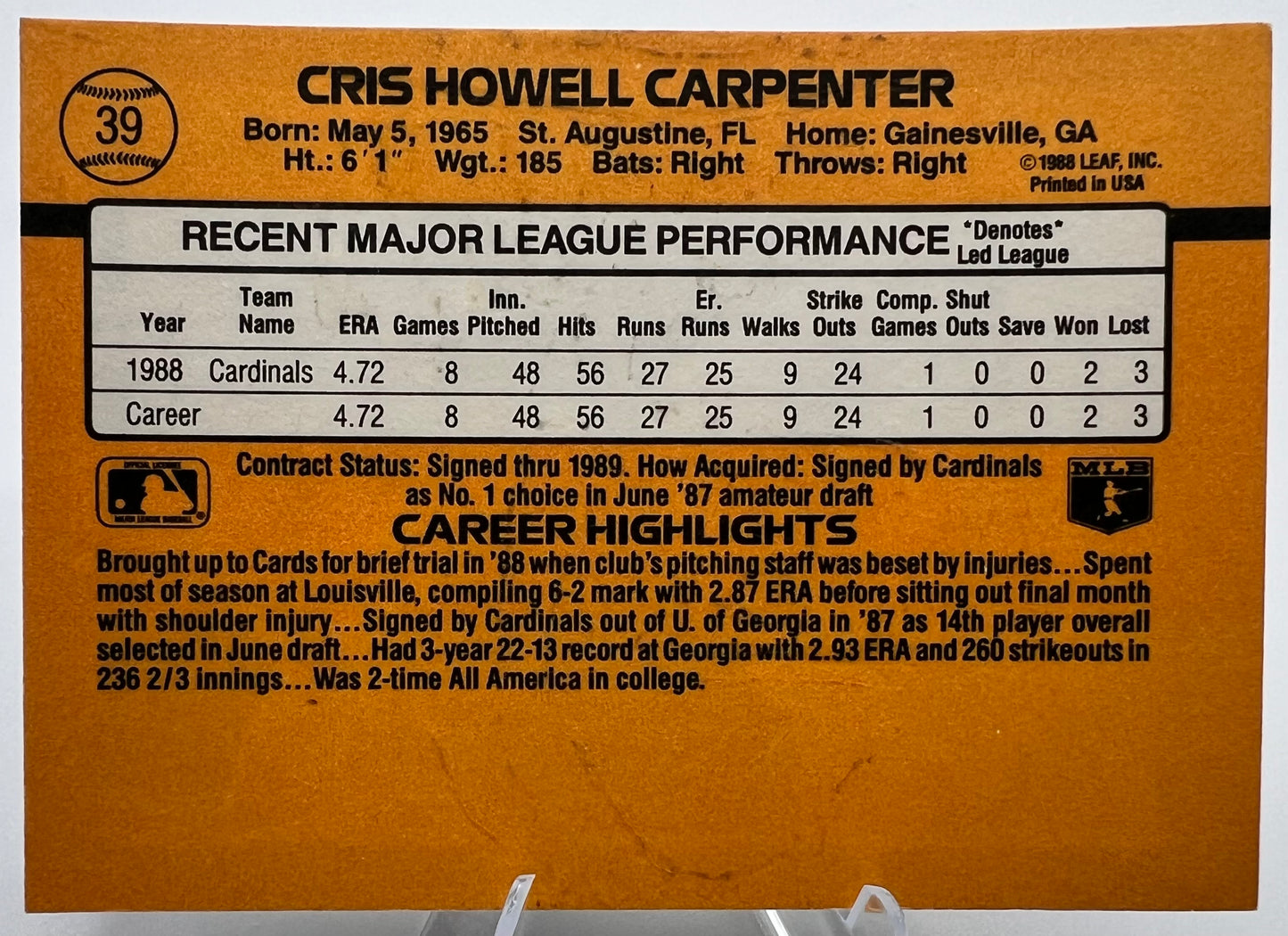 1989 Donruss #39 Cris Carpenter Rookie St. Louis Cardinals