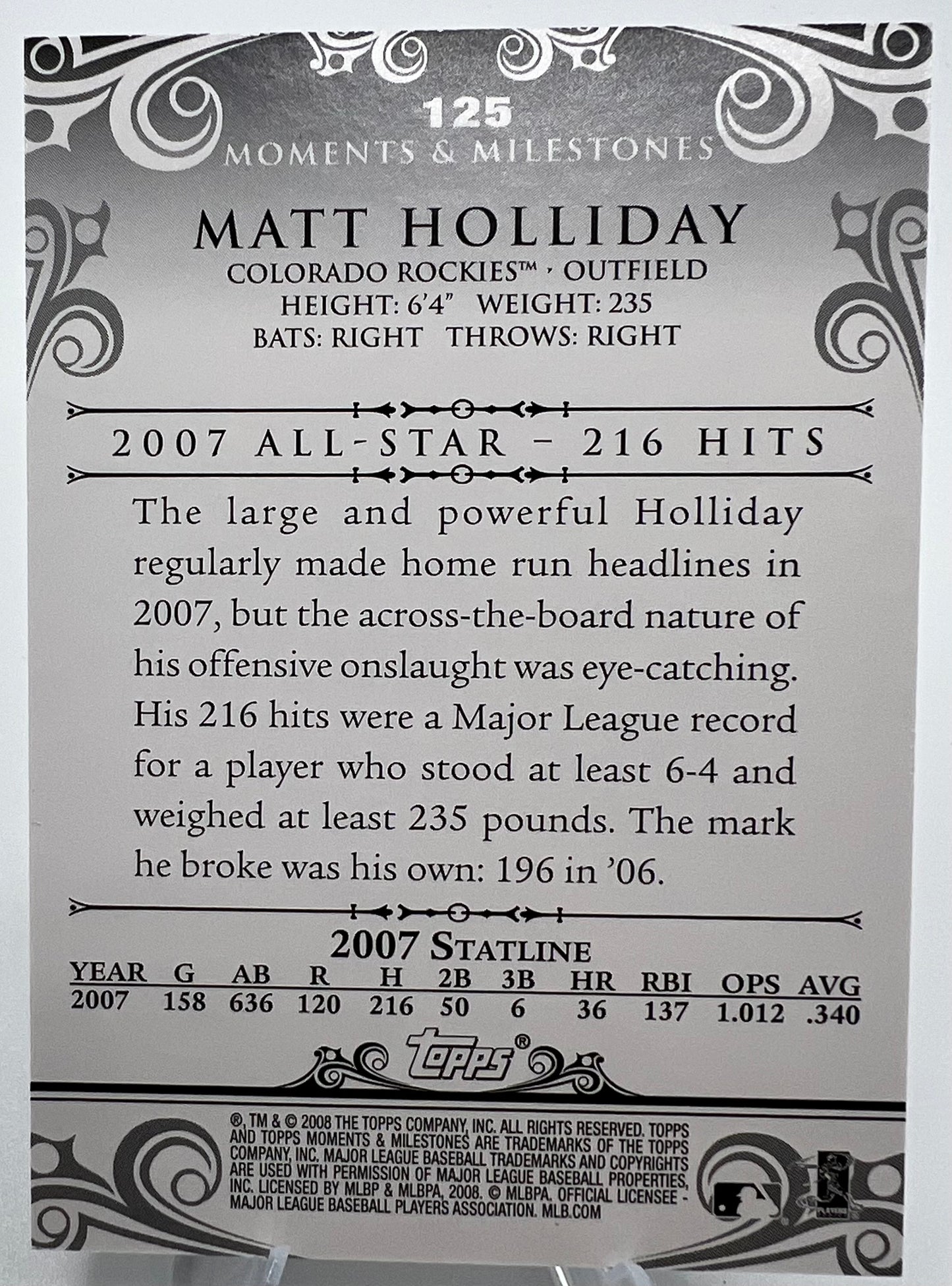 2008 Topps Moments & Milestones Matt Holiday Baseball Card #1/25