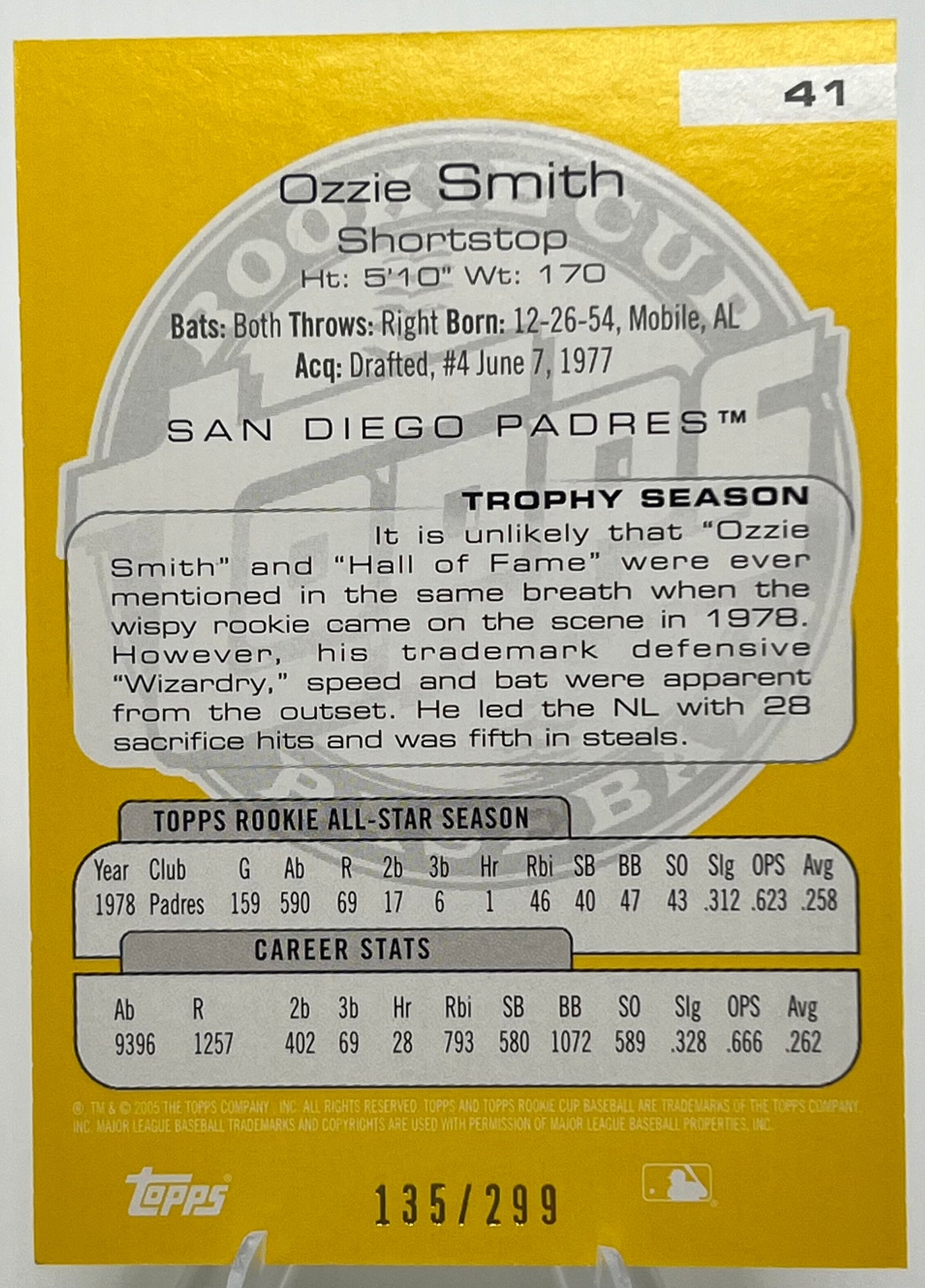 2005 Topps Rookie Cup Yellow Ozzie Smith Baseball Card