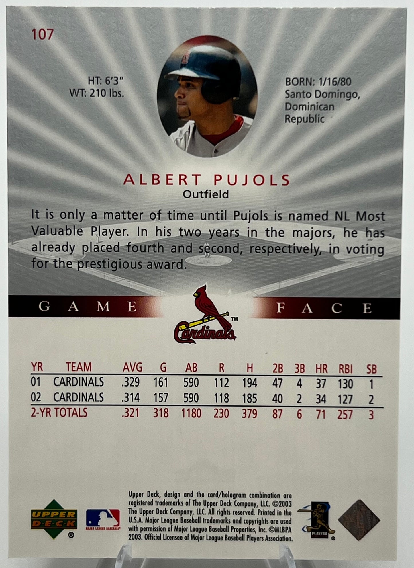 2003 Upper Deck Game Face Albert Pujols Baseball Card