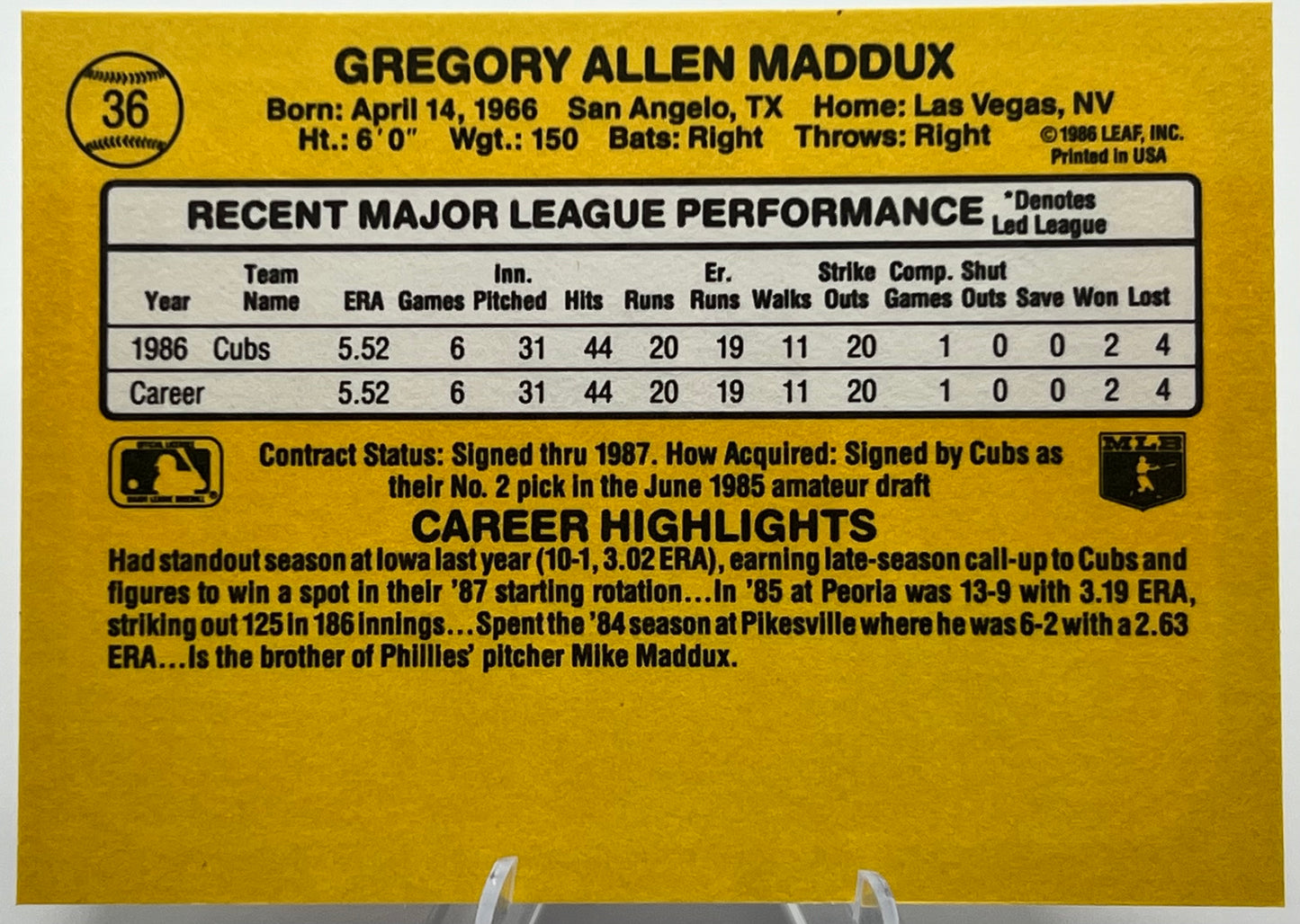 1987 Donruss Greg Maddux Rated Rookie Baseball Card