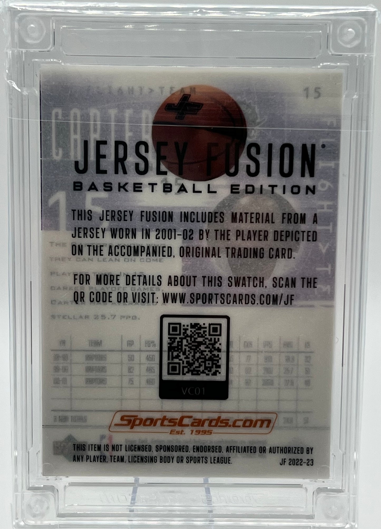 2022-23 Jersey Fusion Basketball Vince Carter Triple Patch Game Worn Jersey Basketball Card