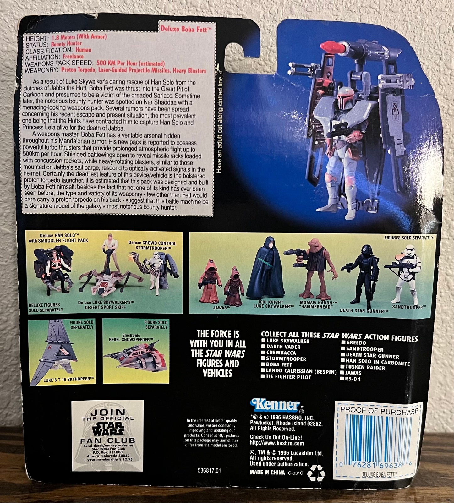 1996 Star Wars Deluxe Boba Fett Action Figure w/ Wing Blast Rocket Pack & Overhead Cannon