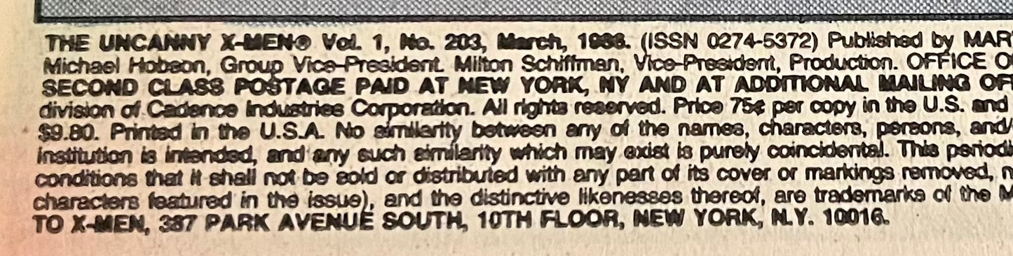 Uncanny X-Men #203 Secret Wars II Crossover 1985