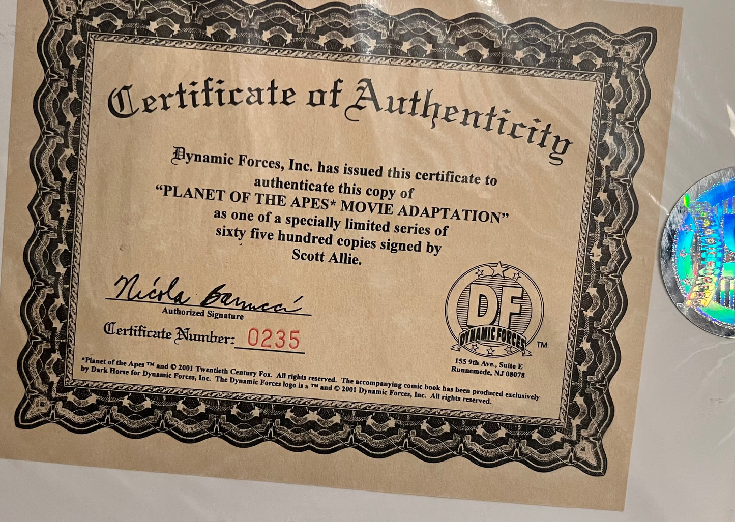 Planet of the Apes Movie Adaptation #1 Signed by Scott Allie w/COA From Dynamic Forces 235/6500