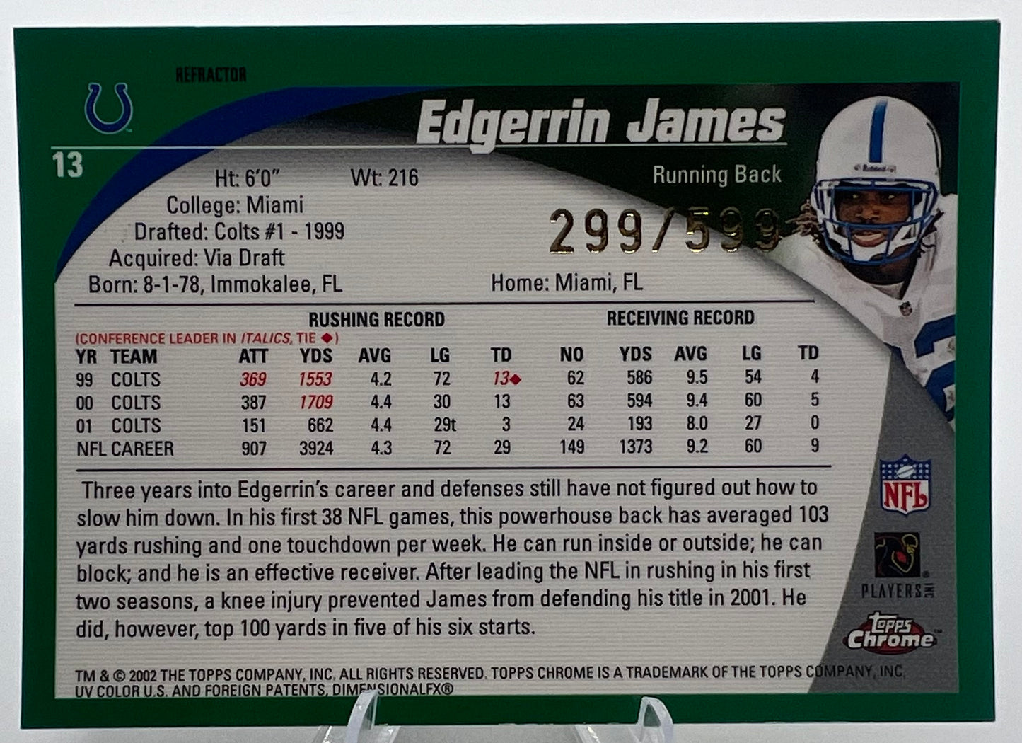2002 Topps Chrome Black Refractor Edgerrin James #299/599