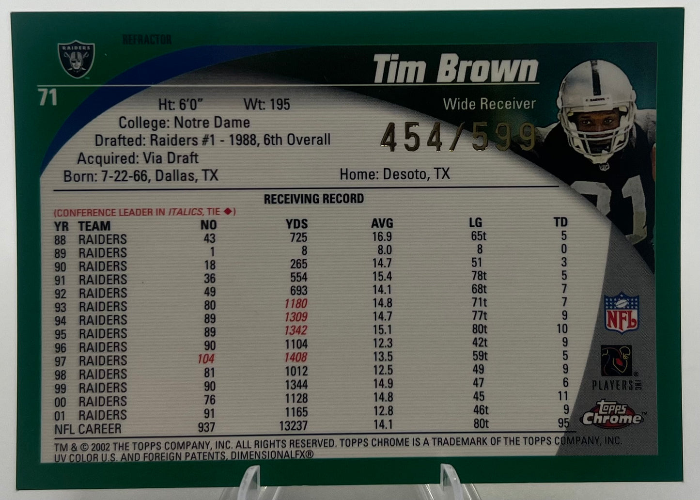 2002 Topps Chrome Tim Brown Black Refractor Football Card #454/599