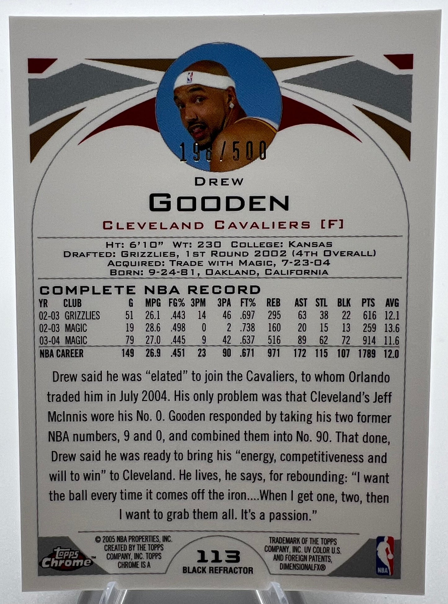 2004-05 Topps Chrome Black Refractor Drew Gooden Basketball Card #196/500