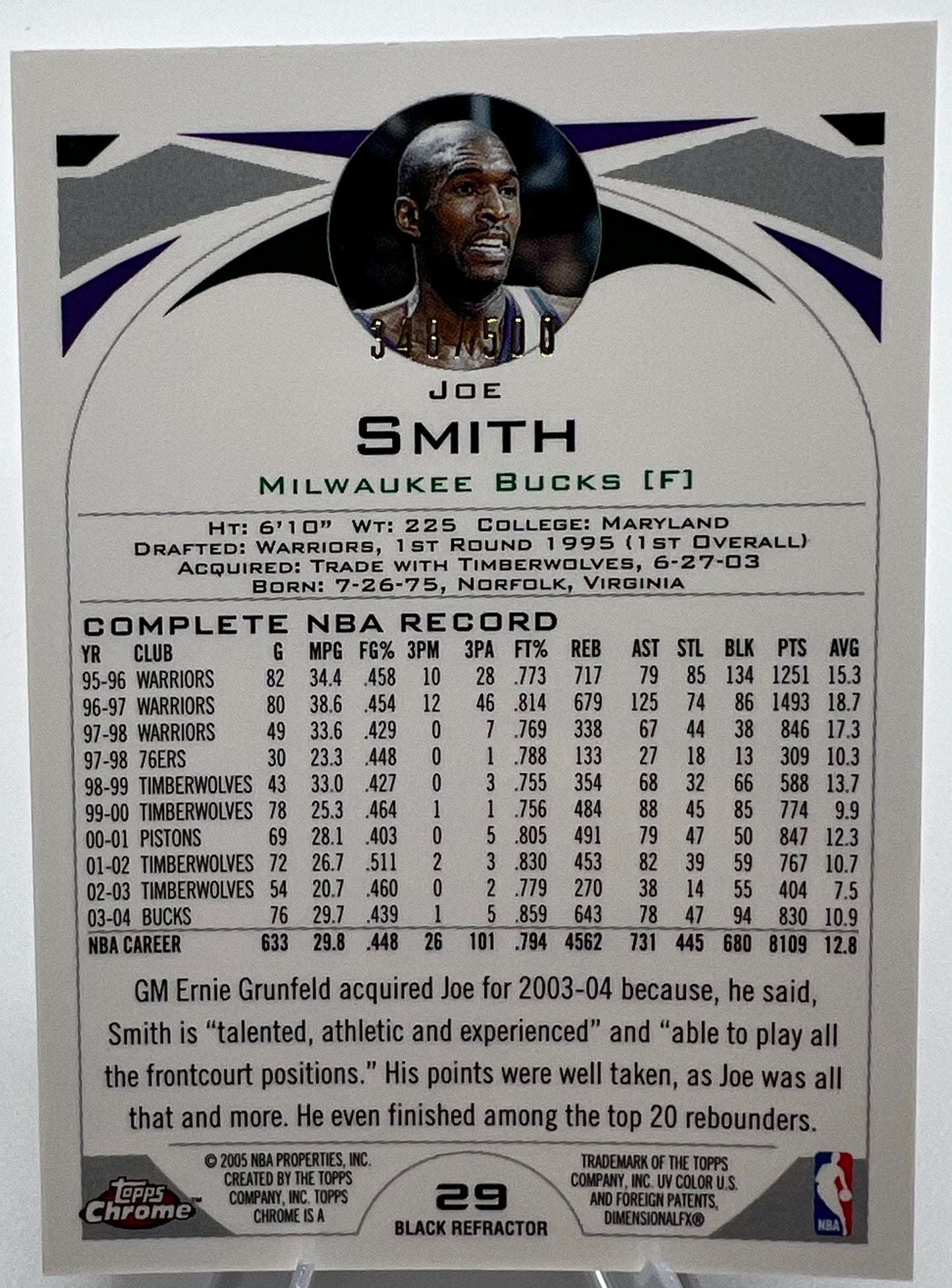 2004-05 Topps Chrome Black Refractor Joe Smith Basketball Card #348/500