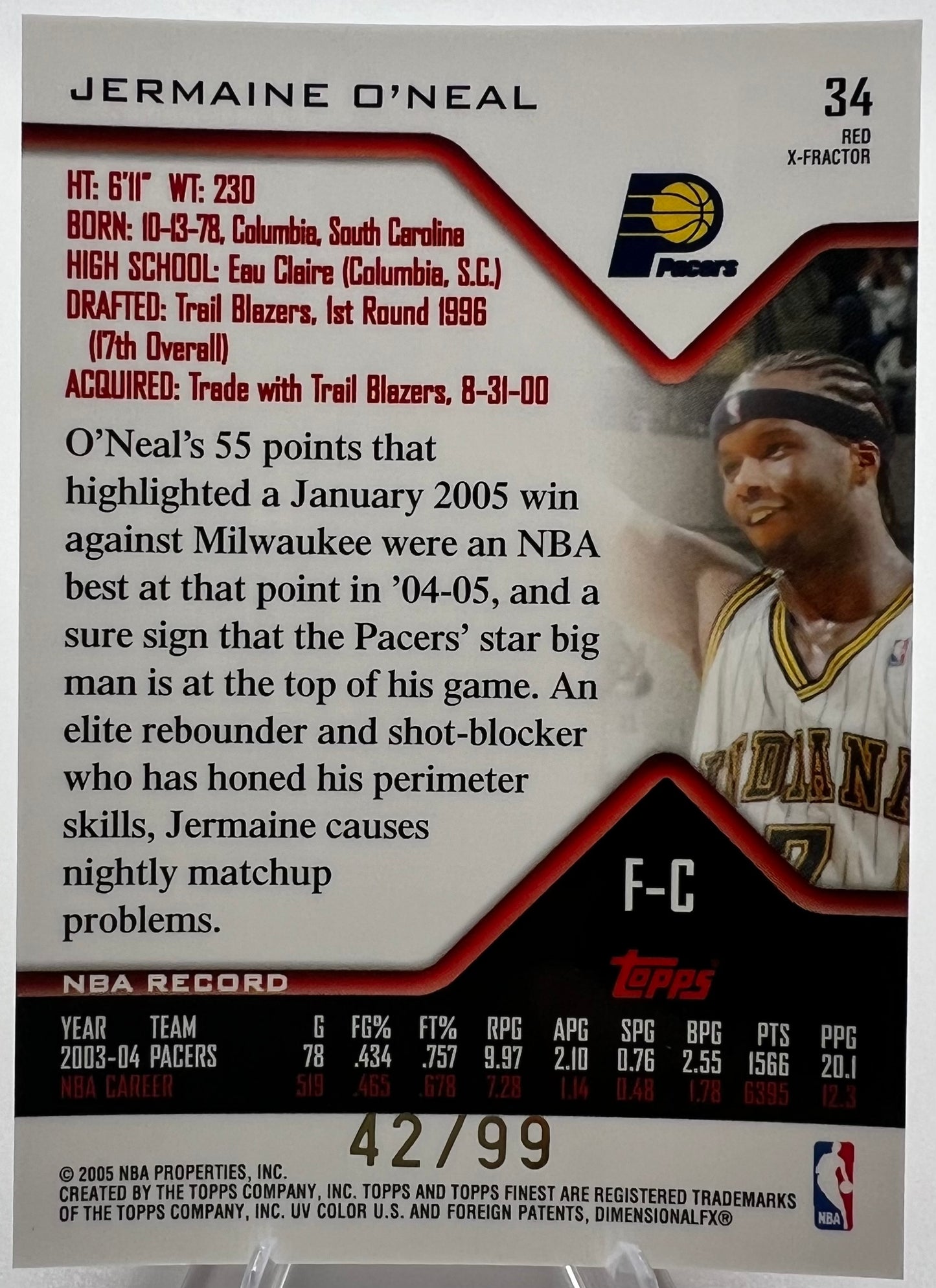 2004-05 Topps Finest Red X-Fractor Jermaine O'Neal Basketball Card #42/99