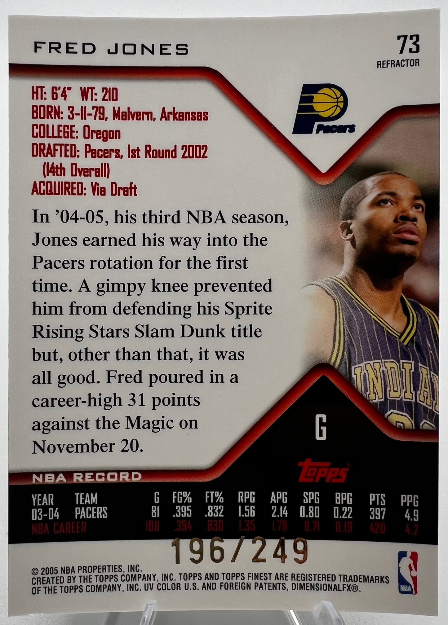 2004-05 Topps Finest Refractor Fred Jones Basketball Card #196/249