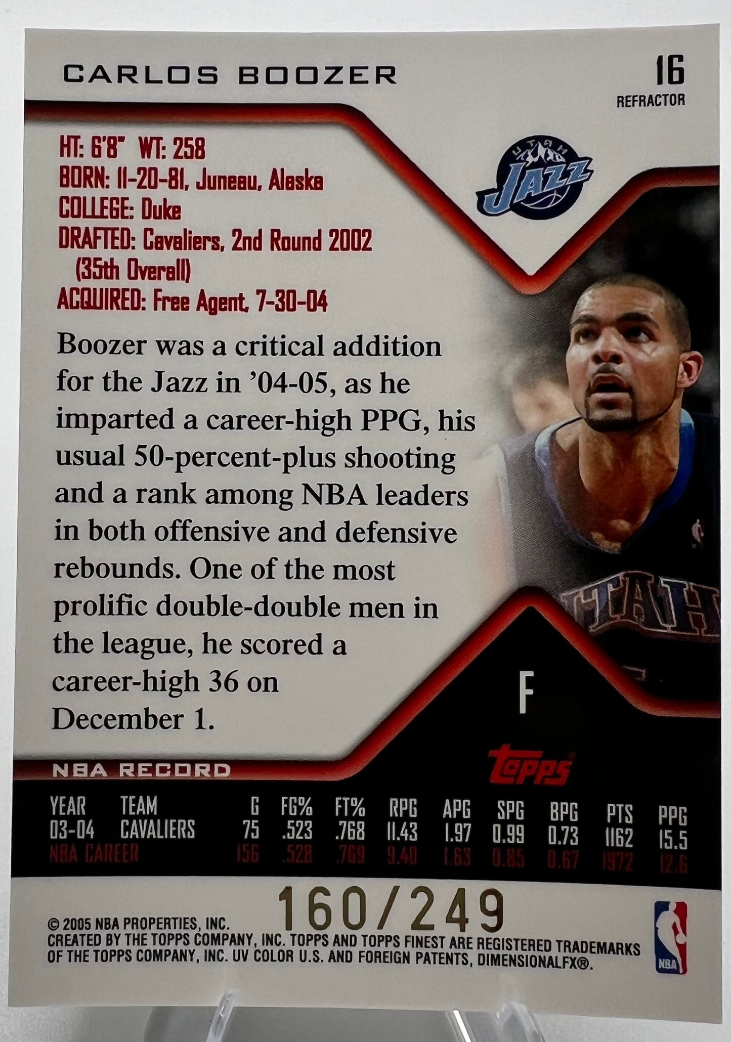 2004-05 Topps Finest Refractor Carlos Boozer Basketball Card #160/249