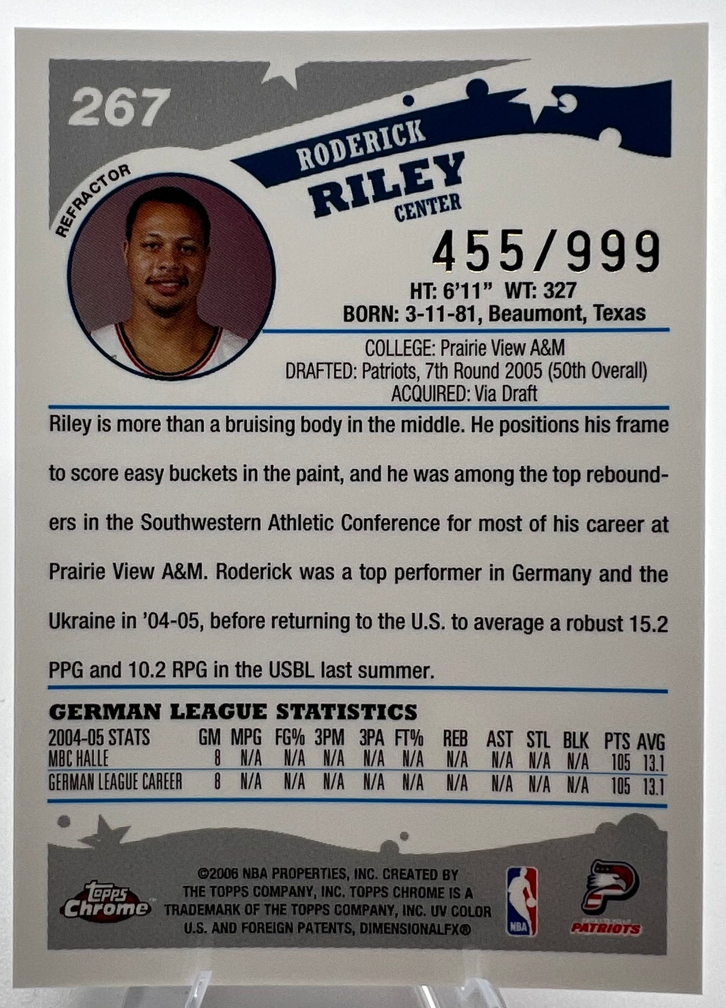 2005-06 Topps Chrome Refractor Roderick Riley Rookie Basketball Card #455/999