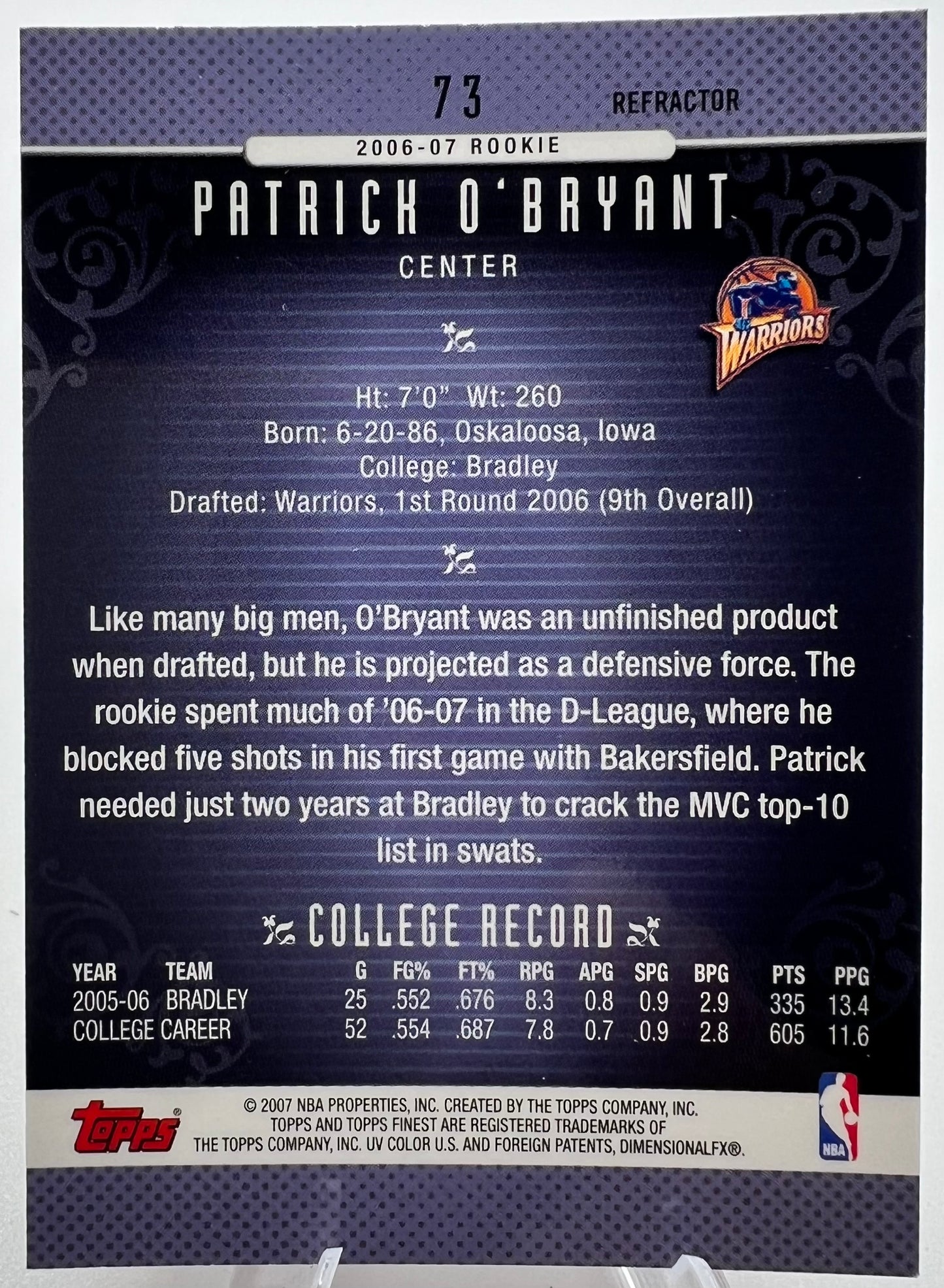 2006-07 Topps Finest Refractor Patrick O'Bryant Rookie Basketball Card