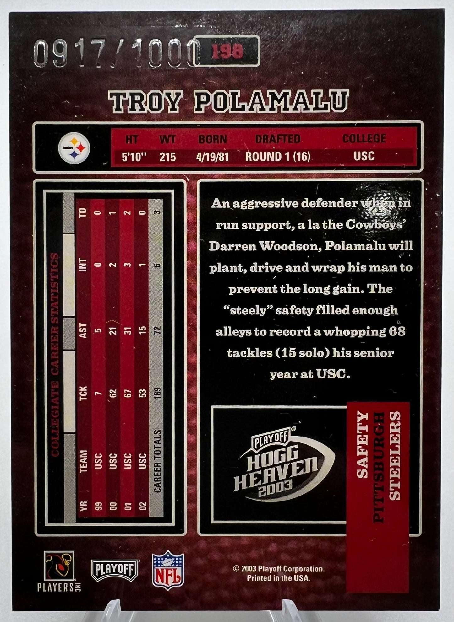 2003 Playoff Hogg Heaven Troy Polamalu Rookie Football Card 917/1000 Pittsburgh Steelers