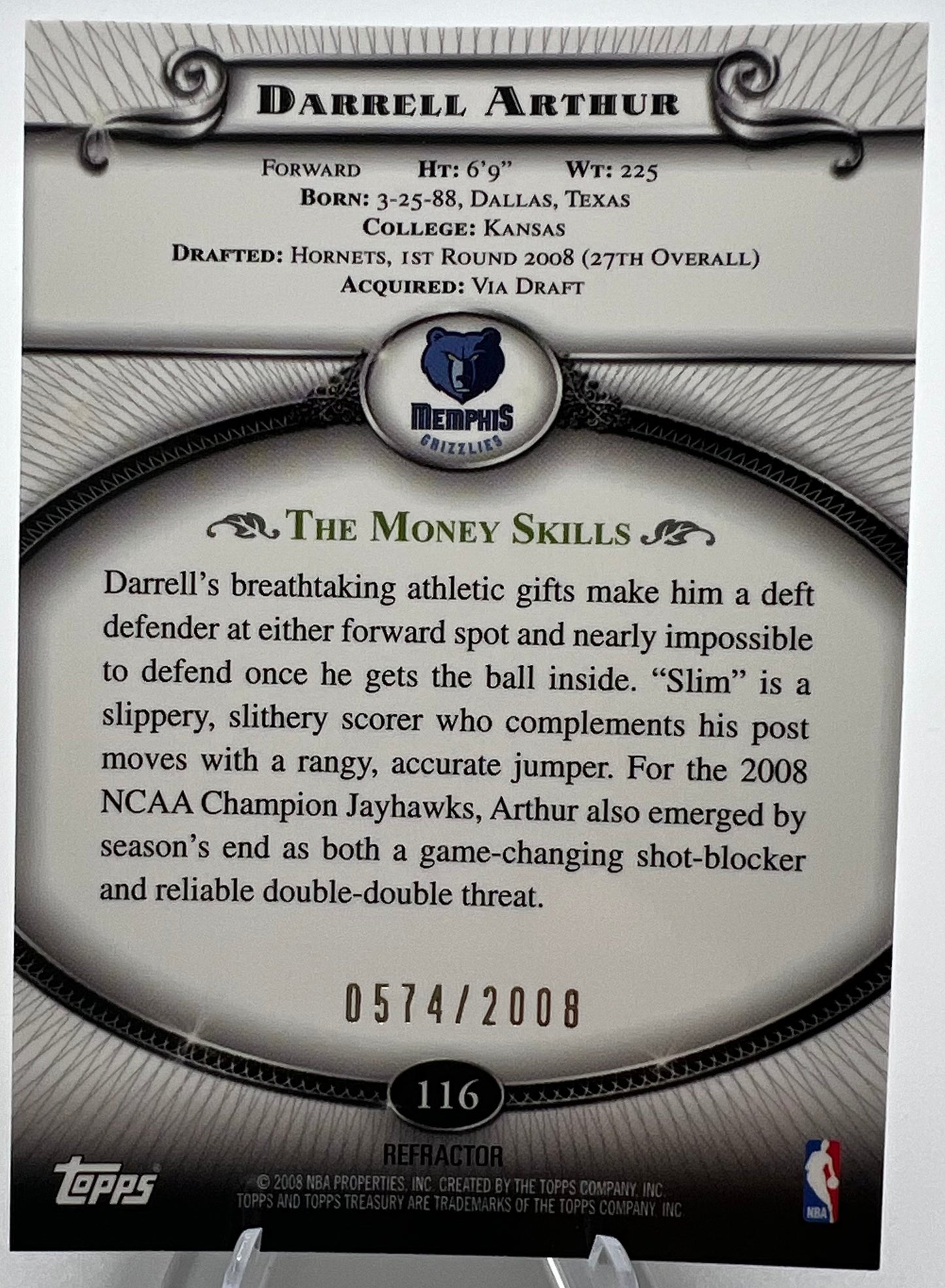 2008-09 Topps Treasury Bronze Refractor Darrell Arthur Rookie Basketball Card #574/2008