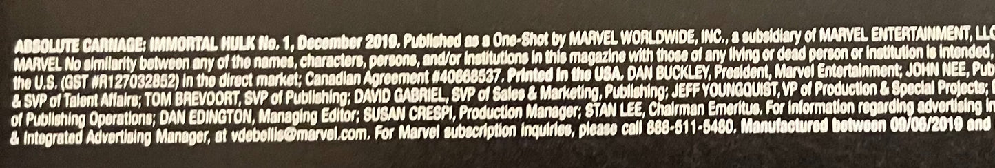 Absolute Carnage Immortal Hulk #1 Lee Virgin Variant Cover 1:100