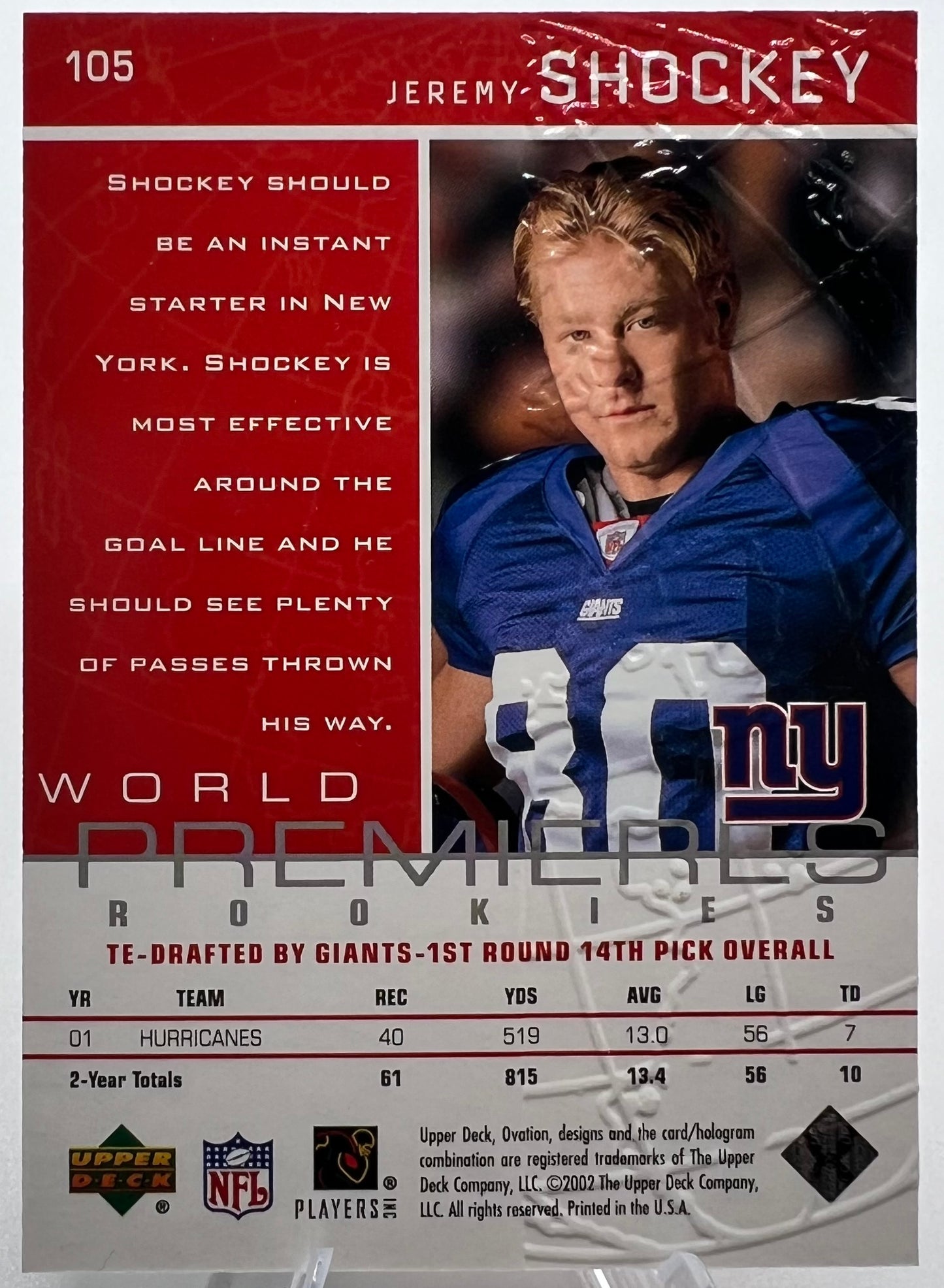 2002 Upper Deck Ovation World Premieres Jeremy Shockey Rookie Football Card #110/1985