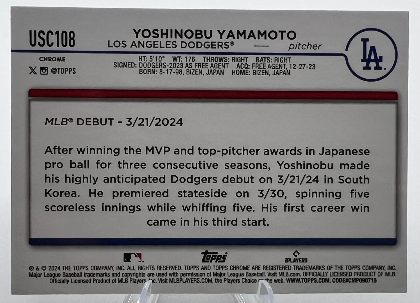 2024 Topps Chrome Update Yoshinobu Yamamoto X-Fractor Rookie Baseball Card