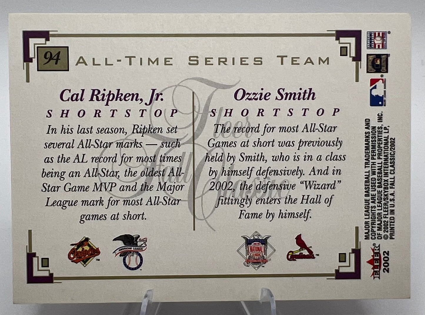 2002 Fleer Fall Classics Cal Ripken Jr Ozzie Smith Baseball Card