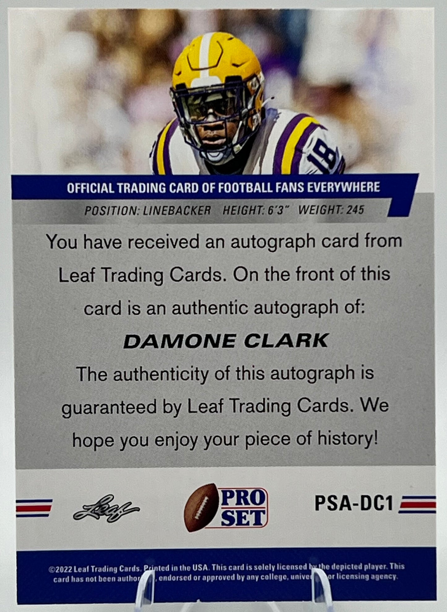 Damone Clark 2022 Leaf Pro Set LSU Tiger Rookie Auto