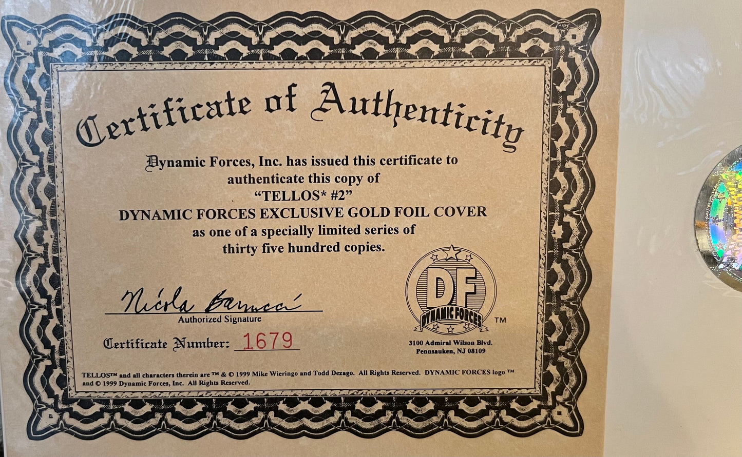 Tellos Comic #2 DF Gold Foil w/COA