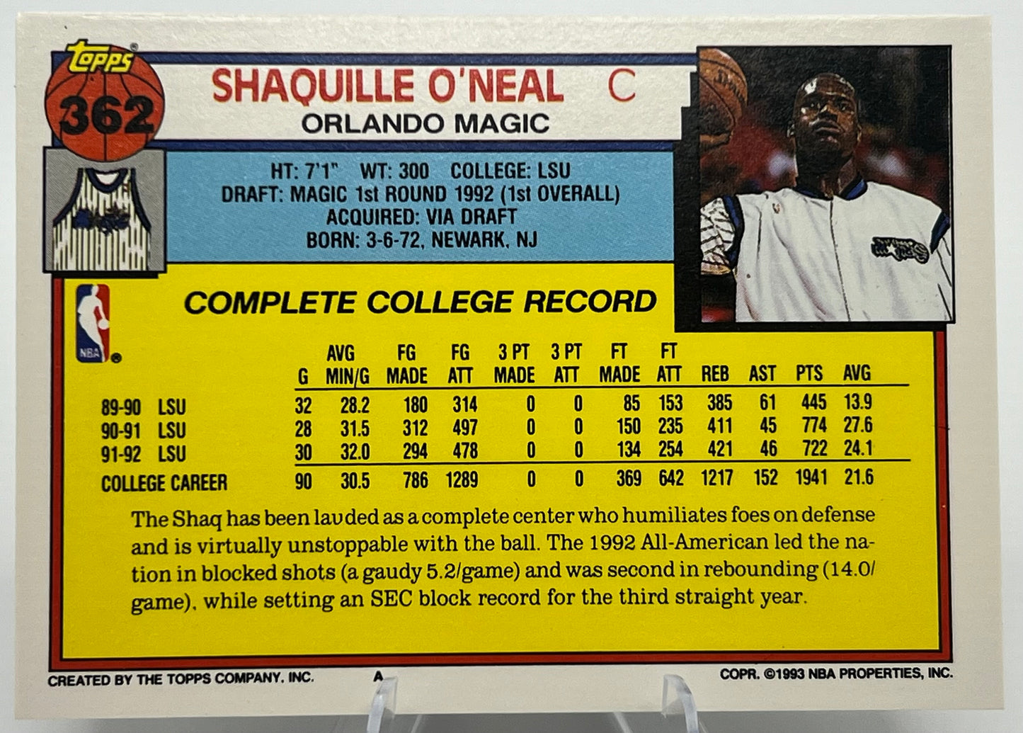 1992-93 Topps Shaquille O'Neal Rookie Basketball Card