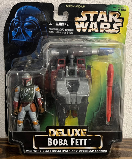 1996 Star Wars Deluxe Boba Fett Action Figure w/ Wing Blast Rocket Pack & Overhead Cannon