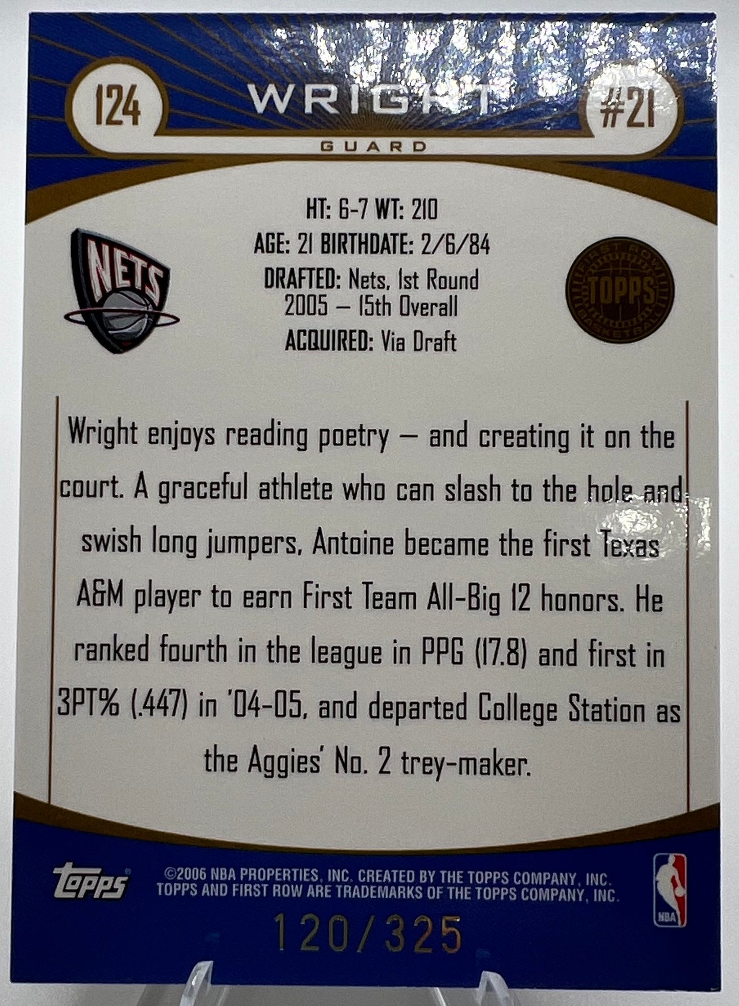 2005-06 Topps First Row Antoine Wright Rainbow Rookie Basketball Card #120/325
