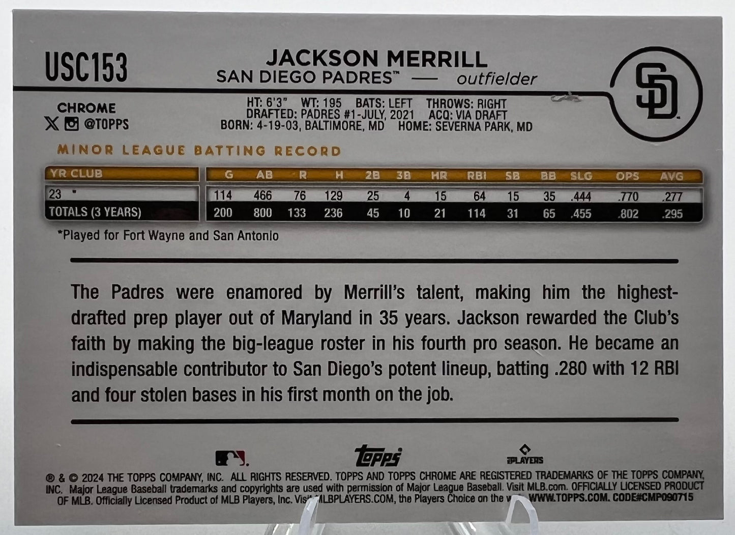 2024 Topps Chrome Update Jackson Merrill X-Fractor Rookie Baseball Card