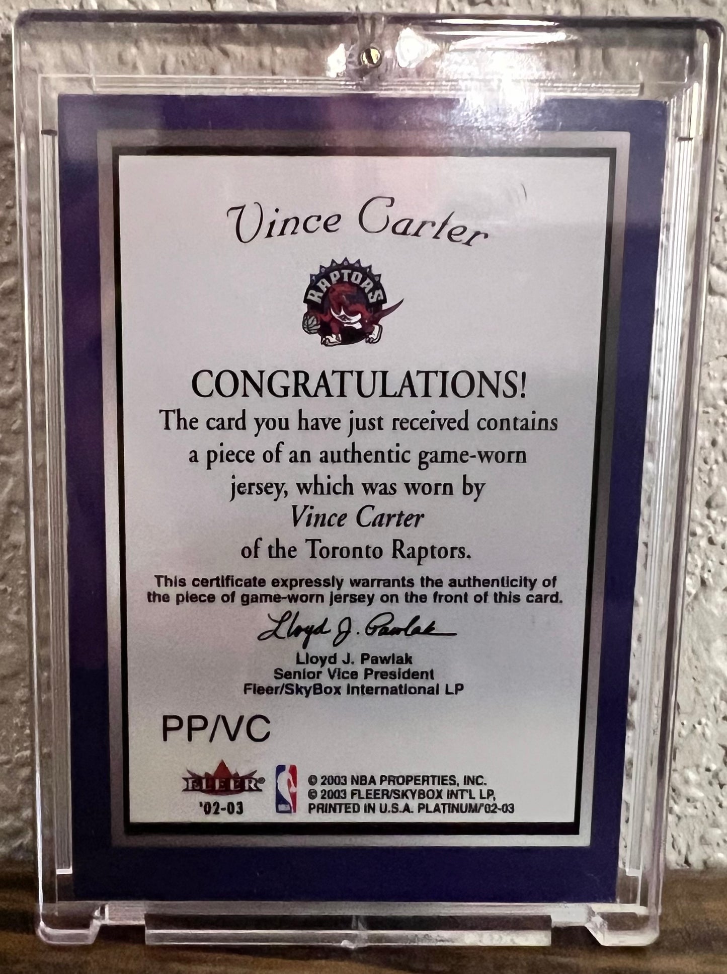 2002-2003 Fleer Platinum Portraits Vince Carter Game Worn Jersey