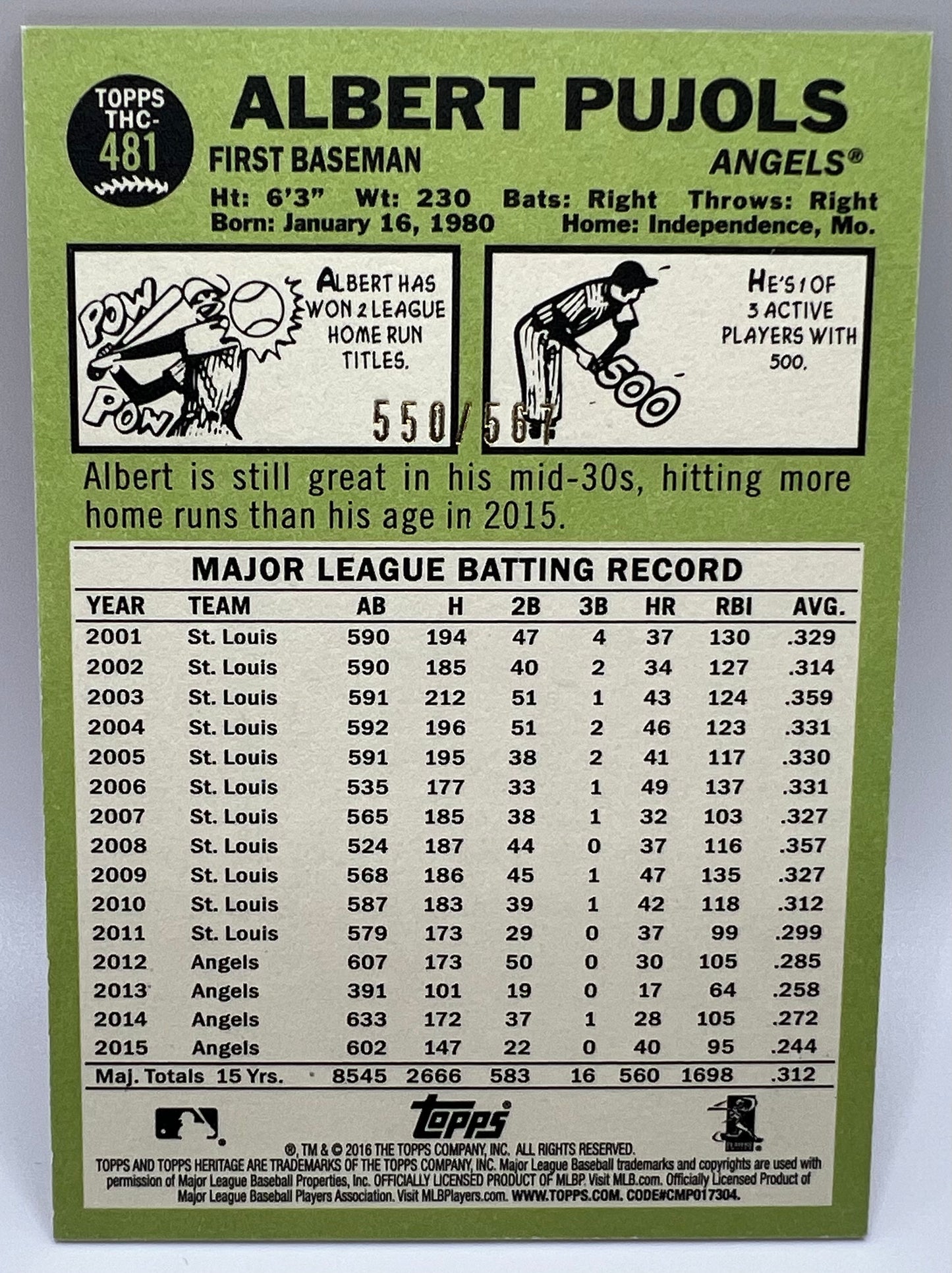 2016 Refractor Albert Pujols Angels 550/567